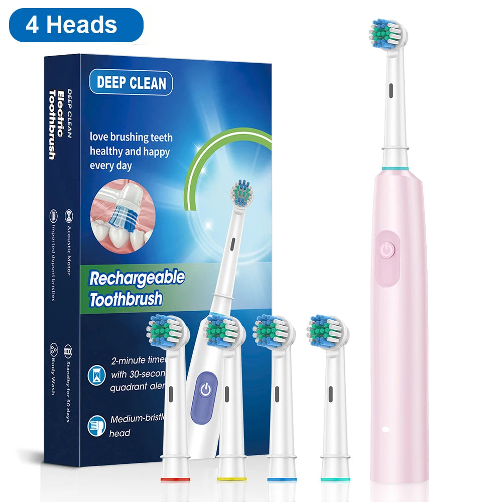 Electric Toothbrush – Deep Clean & Whitening, Ultrasonic Rotation with 4/8 Replacement Heads