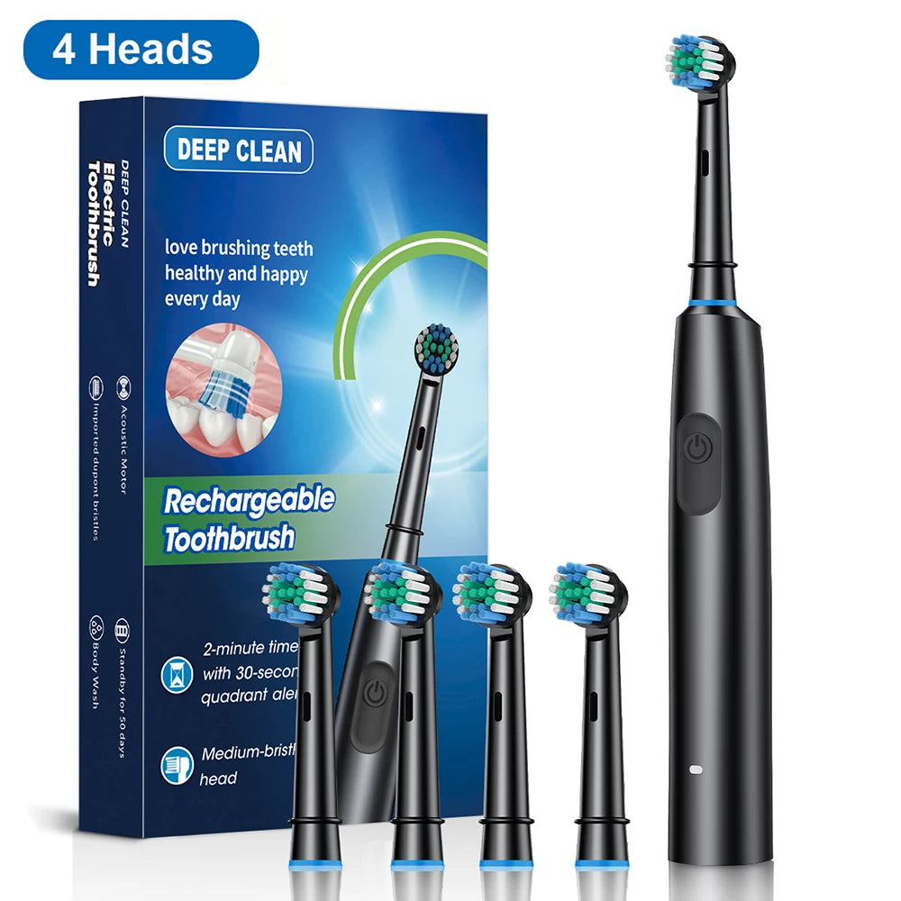 Electric Toothbrush – Deep Clean & Whitening, Ultrasonic Rotation with 4/8 Replacement Heads