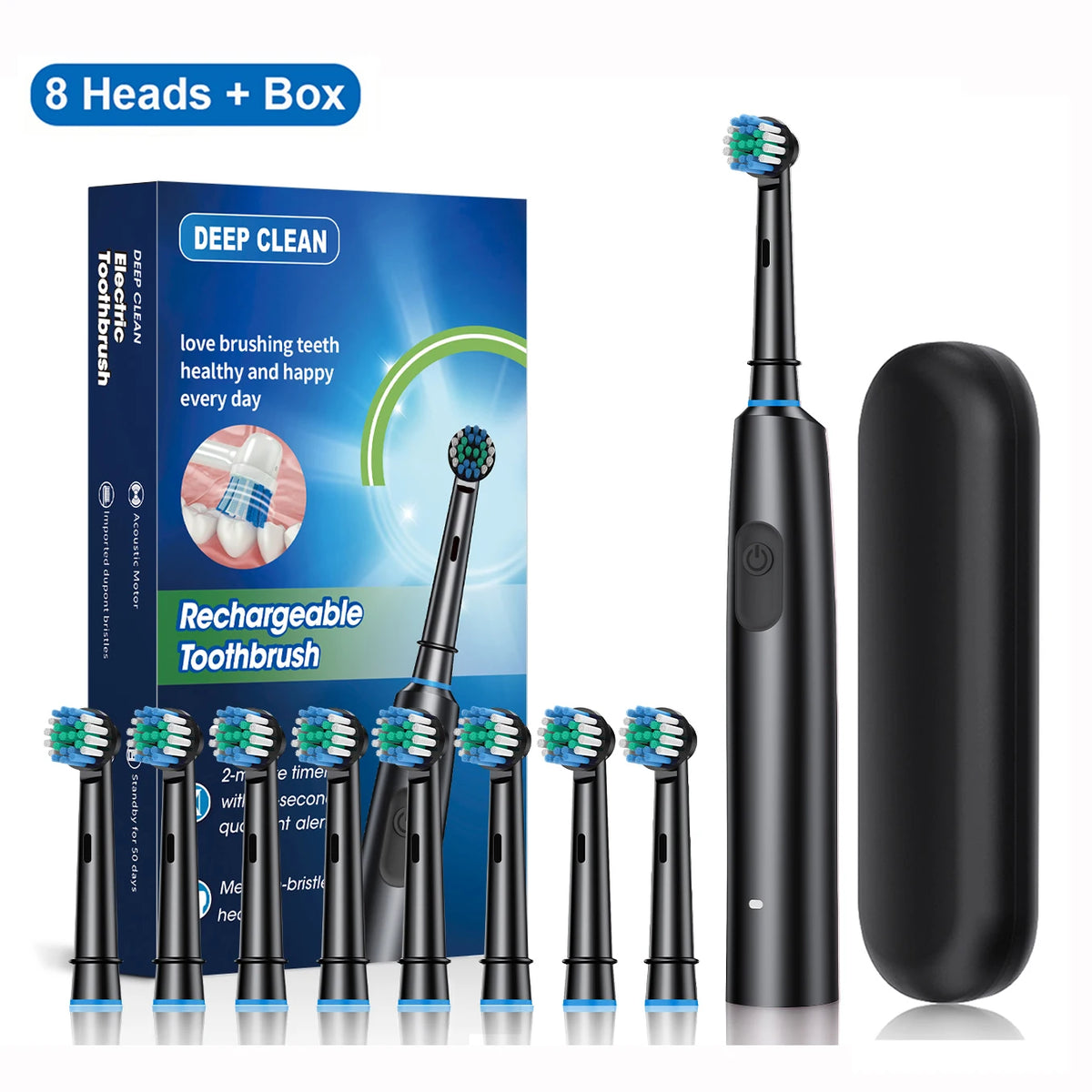 Electric Toothbrush – Deep Clean & Whitening, Ultrasonic Rotation with 4/8 Replacement Heads