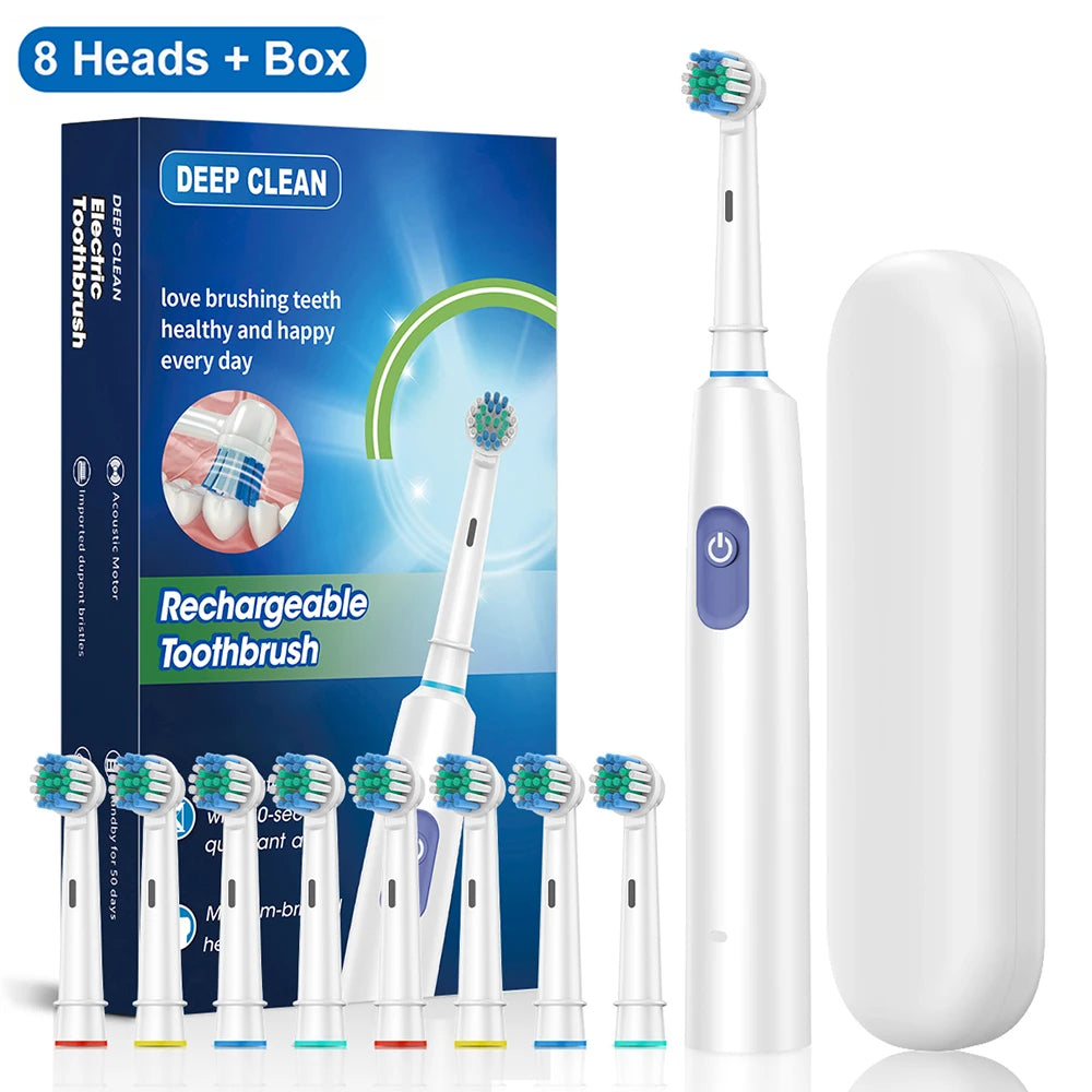 Electric Toothbrush – Deep Clean & Whitening, Ultrasonic Rotation with 4/8 Replacement Heads